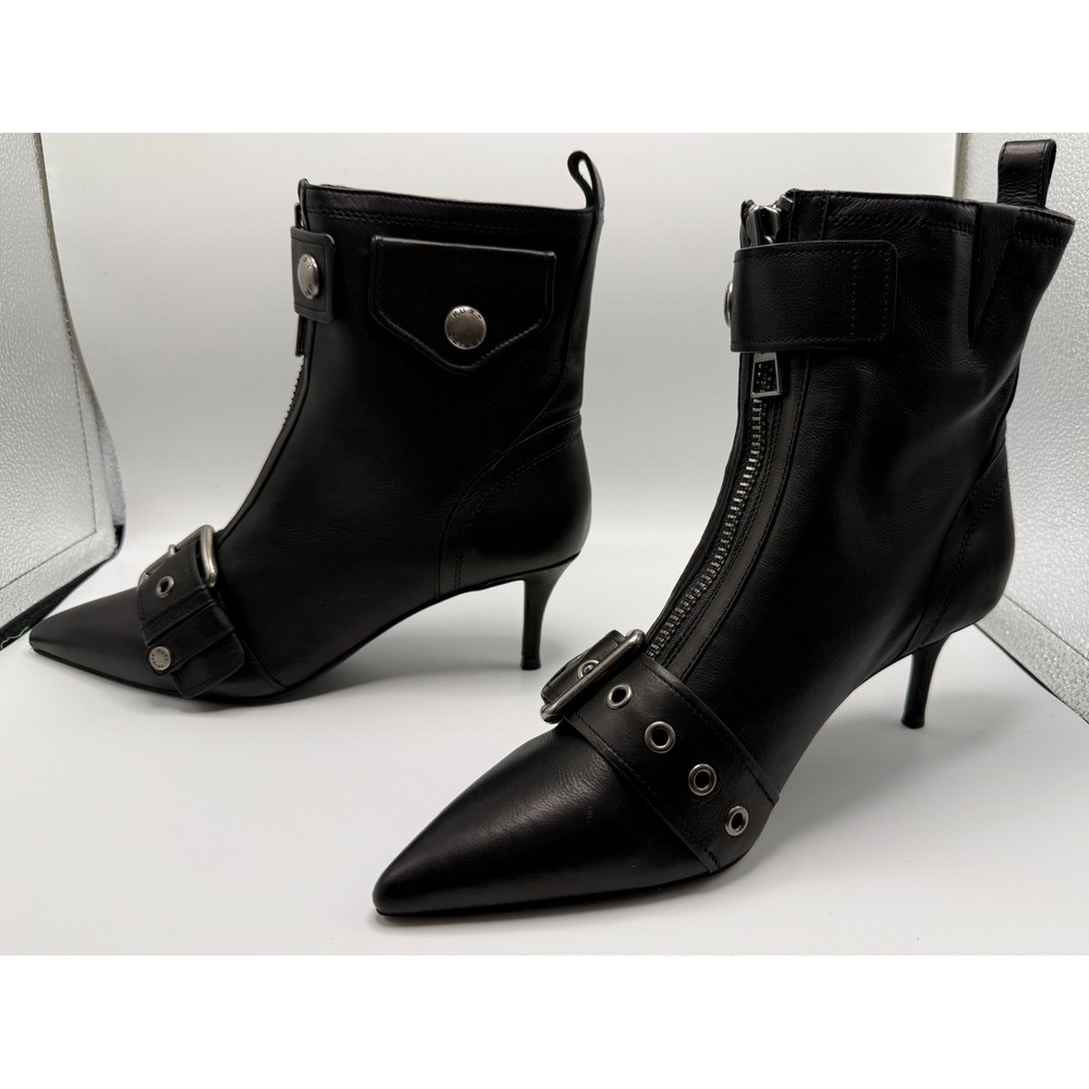 Kurt Geiger London Black Leather Buckle Zip Ankle Boots Kitten Heel Pointed Toe - Picture 2 of 9